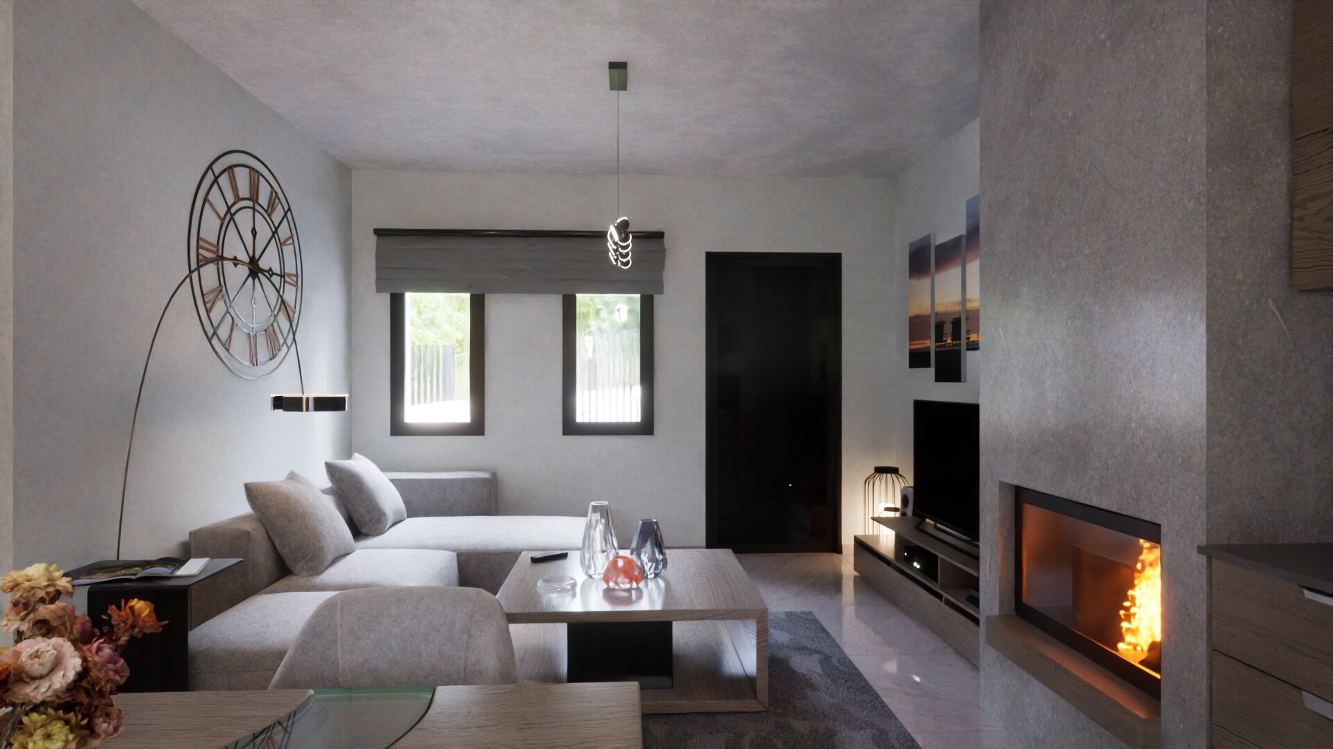 Architectural interior visualisation of the living room and fireplace for Plot 1250 House 2 in Trimiklini