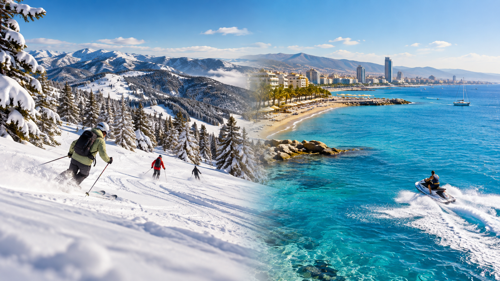 Split lifestyle image showing skiing in the Troodos mountains and watersports on the Limassol coast
