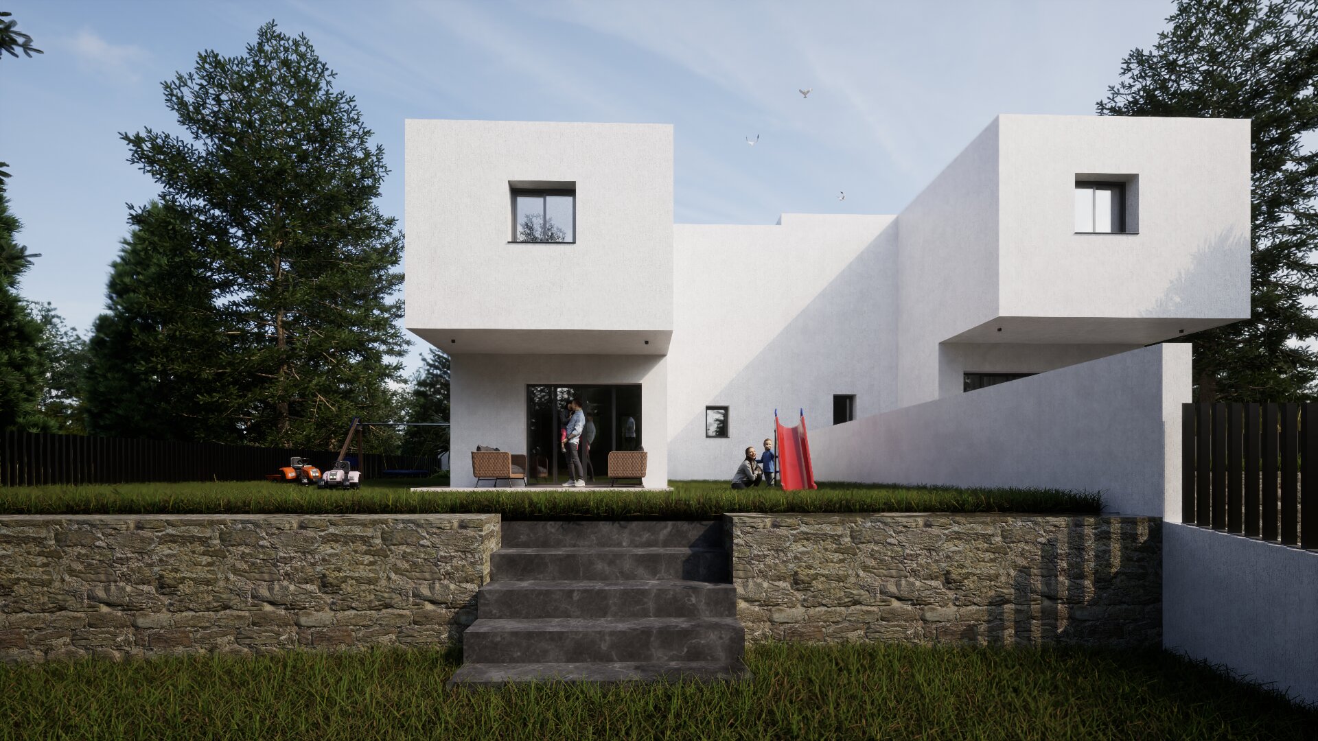 Architectural visualisation of Plot 1260 showing the rear garden elevations and central steps