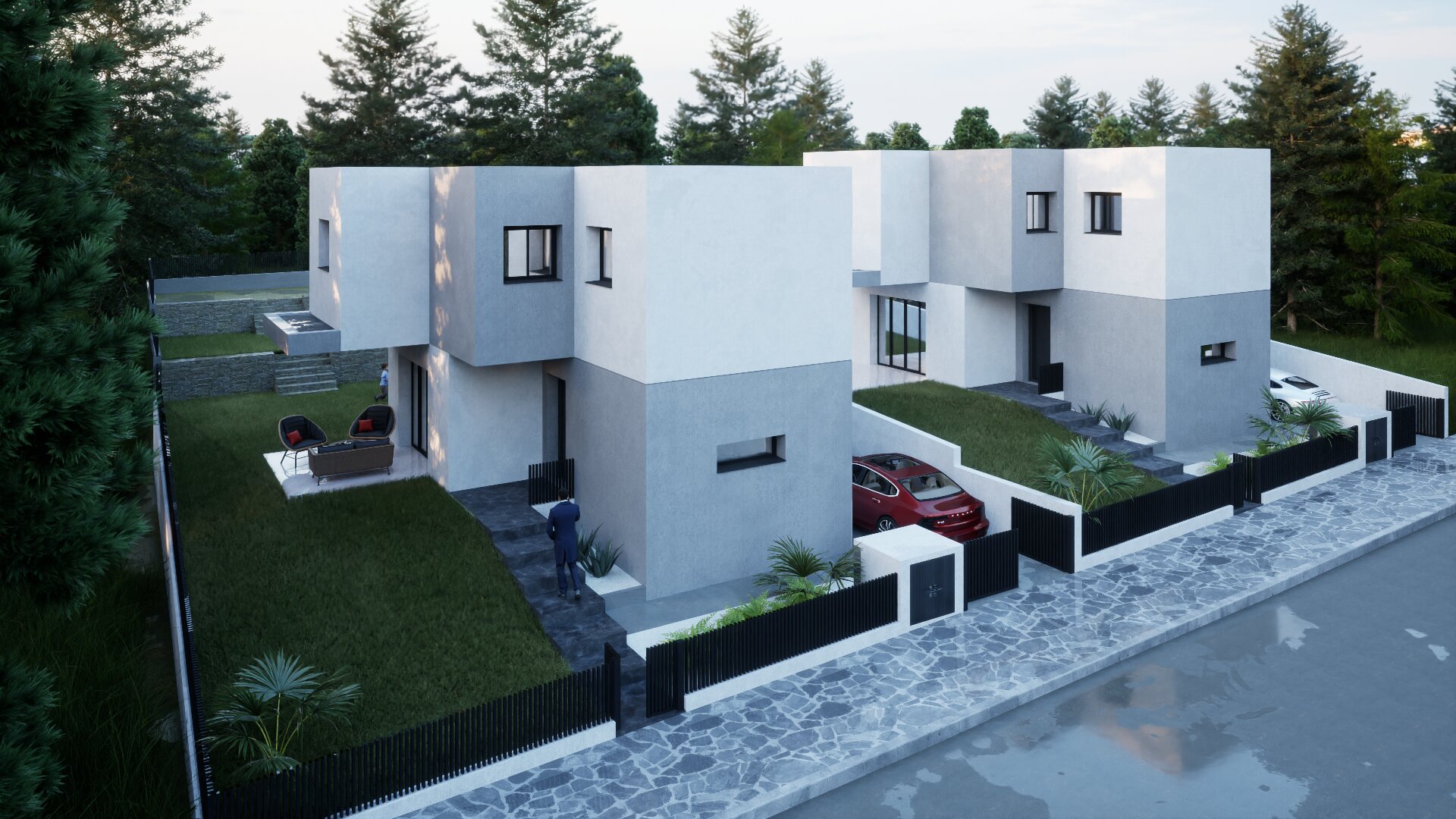 Elevated architectural visualisation showing both forthcoming VESTA LIVING homes, gardens and parking on Plot 1306