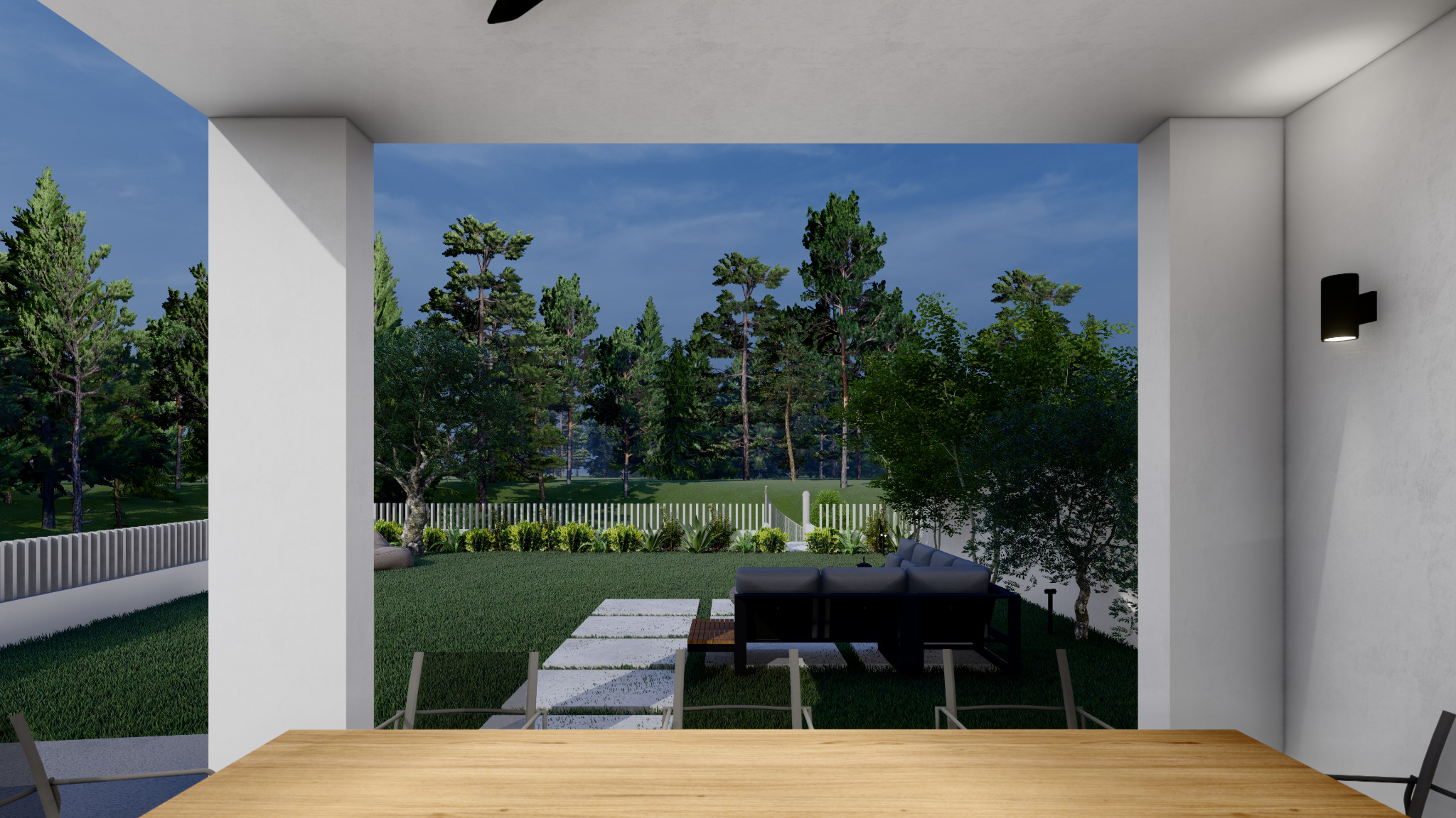 Architectural visualisation from the covered terrace looking across the private garden at Plot 1331