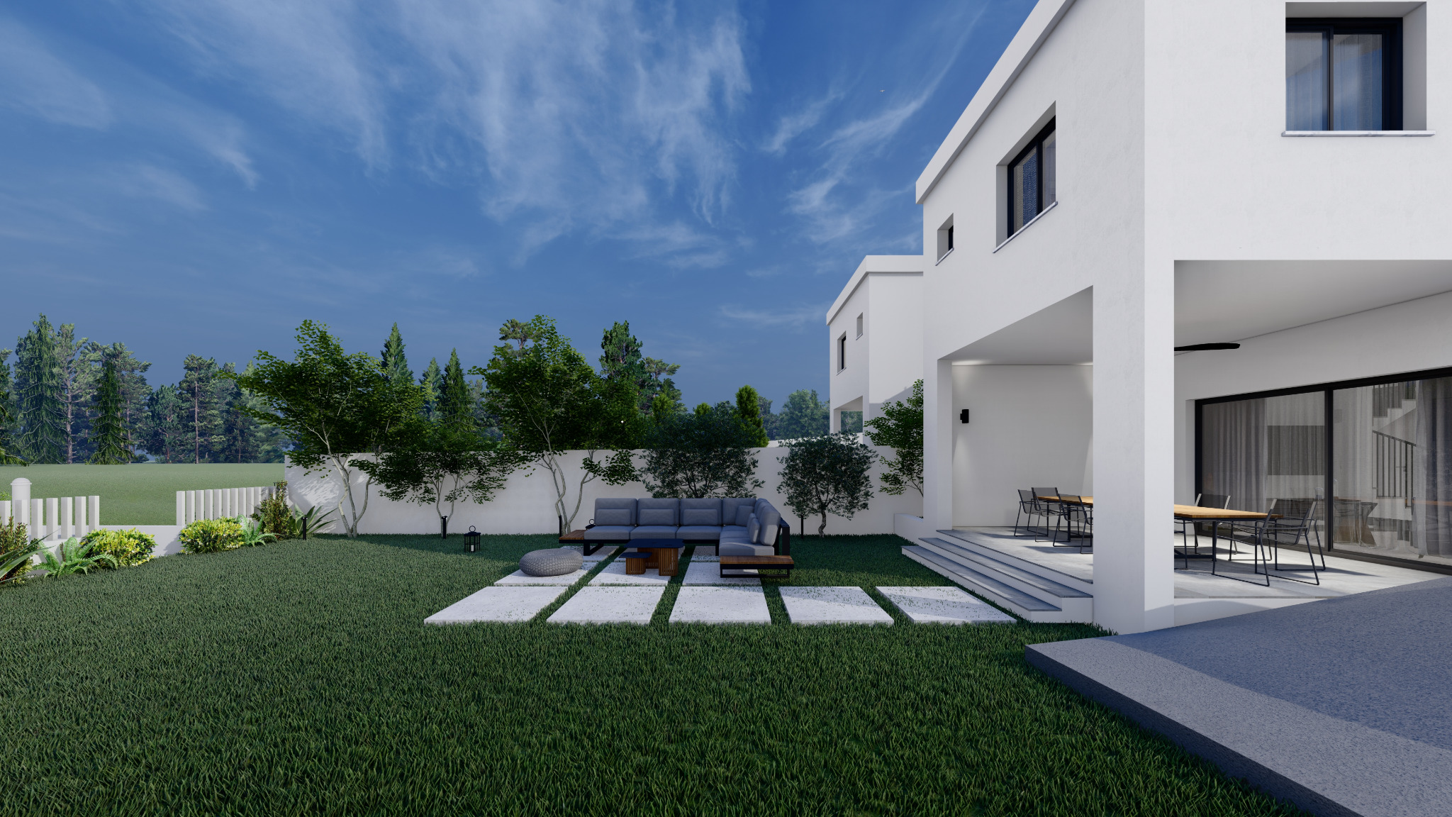 Architectural visualisation of the private garden and rear elevation of a forthcoming VESTA LIVING residence on Plot 1331