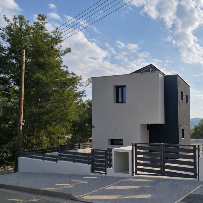 Πραγματική ολοκληρωμένη κατοικία VESTA LIVING στην Τριμίκλινη με λευκή και μπλε πρόσοψη, είσοδο και πεύκα